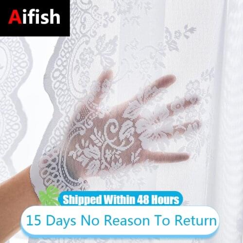 European White Lace Sheer Curtains For Living Room Floral Voile Tulle Window Curtain For Bedroom Wedding Decoration Kitchen Door
