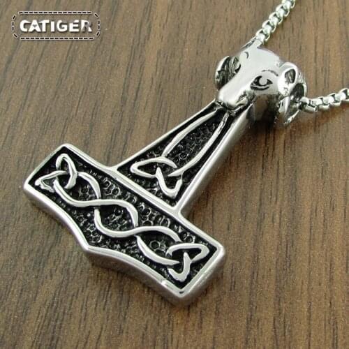 Free Shipping Punk 316L Stainless Steel vintage Nordic goat pendant Silver color Black Thors Hammer Mjolnir Pendant Jewelry