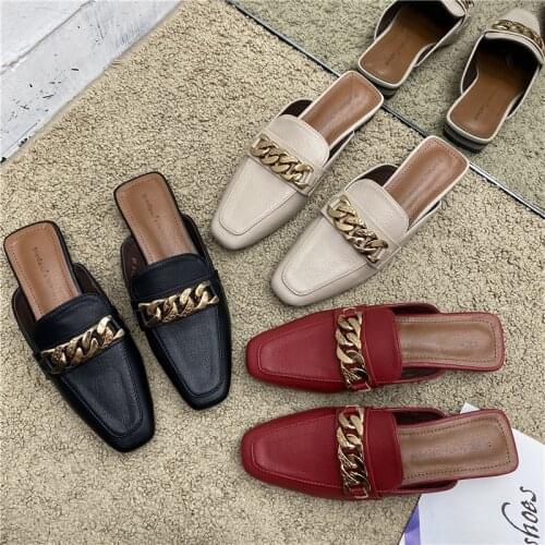 Low Heels Fashion Slipper For Women Gold Chains Slippers Square Toe Slip On Slides Summers Beach Square Heel Slippers Shoes New