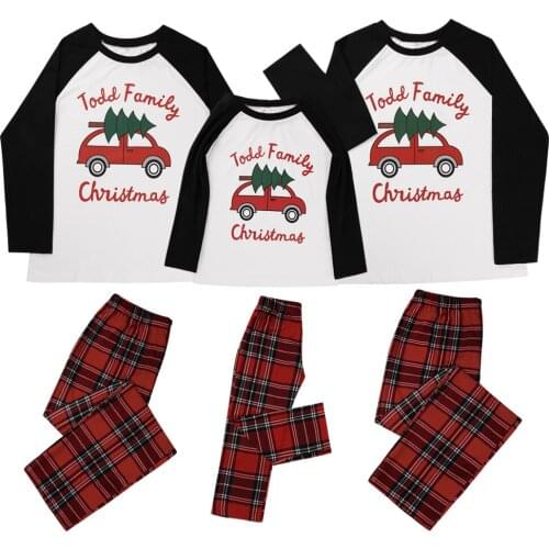 2020 New Family Christmas Parent-Children Loungewear Letter Print Long-Sleeves Pullover + Plaid Elastic-Waist Pants Pajama Sets