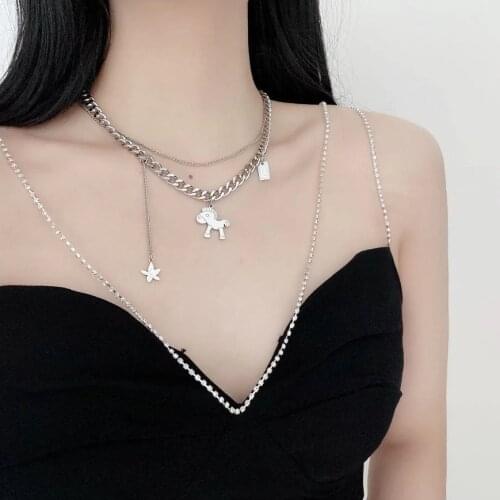 316L Stainless Steel New Fashion Fine Jewelry Multi-element Pony Flowers Charms Thick Chain Choker Necklace & Pendants For Women