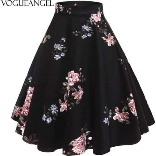 Plus Size A Line Midi Floral Retro Skirt High Waist Cotton Vintage Women School Flower Print Elegant Pleated 50S Swing Skater