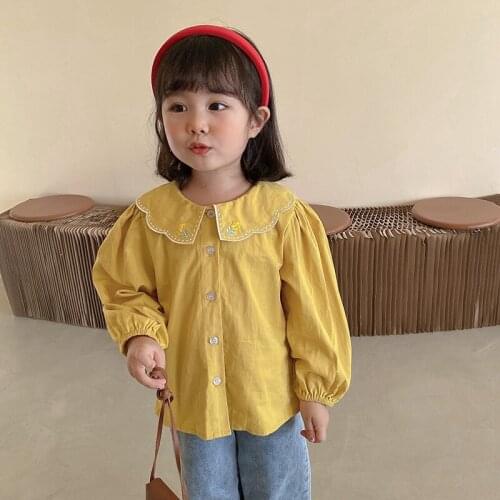 Doll collar embroidery solid color girls shirt 100% cotton long-sleeved autumn top