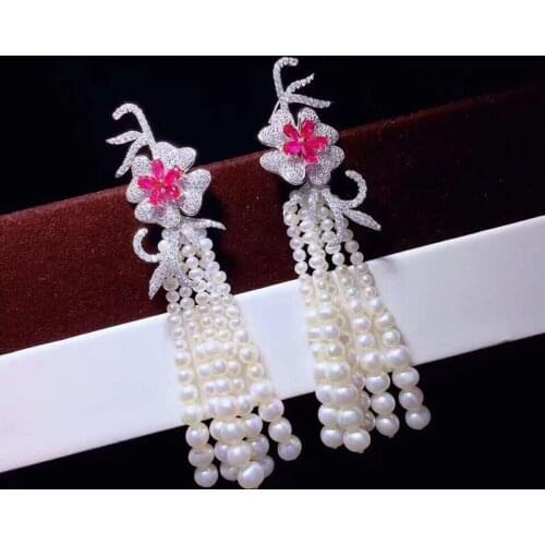 White Pearl Round Cz Pave Flower Stud Earrings