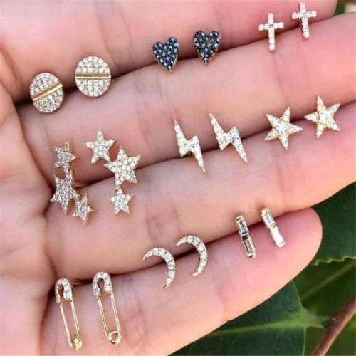 9 Pairs/set Moon Stars Heart Lightning Bijoux Crystal Stud EarringS for Woman Boucle D'oreille Jewelry Dazzling Earring Brincos