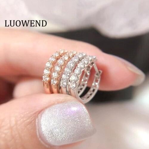 LUOWEND 100% 18K Rose/White Gold Earrings Women Engagement Hoop Earrings Real Natural Diamond Earring Classic Hoop Design