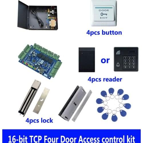 Access control system, four door access control+powercase+280kg magnetic lock+U-bracket+ID reader+button+10 ID tag,sn:kit-B407