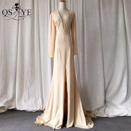 Front Split Champagne Evening Dresses Stretch Mermaid Formal Prom Gown Long Sleeves Open Low Back Bit Train Party Dress Deep V