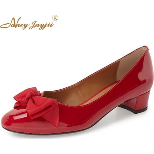 Butterfly-knot Vintage Pumps Shoes Women Footwear Classic Patent Leather Slip-On Pumps Low Heels Shoes Red Zapatos Cuna Mujer
