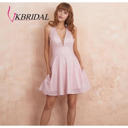 VKBRIDAL Sexy Halter Homecoming Dresses 2019 New Fashion Glitter Fabric Short Prom Dress Party Gowns with Pockets