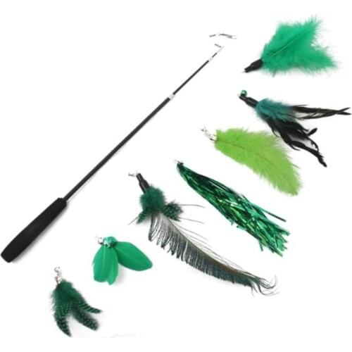 Funny Cat Toy Stick Set With Bell Feather Teaser Wand Interactive Toy 7 Replacement Heads RetractableThree Section Fishing Rod