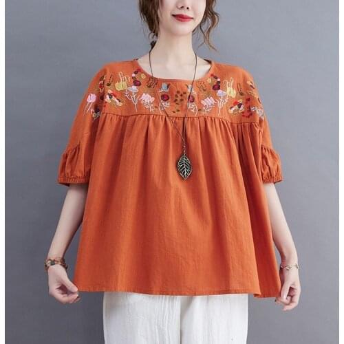 Plus Size Women Summer Cotton Linen Casual T-shirts New Arrival 2021 Vintage Style Floral Embroidery Loose Female Tops Tees B385