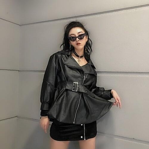 2021 Korean Women Lantern Sleeve Waist Black Faux Leather Jacket Autumn Motorcycle Biker Leather Coat Ropa Mujer Casual Fashion