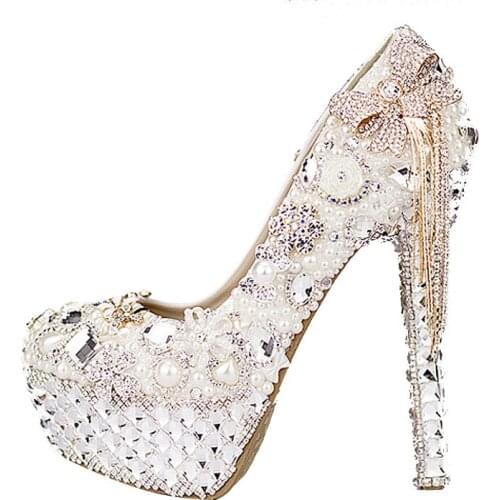 Womens Wedding Luxury Shoes Sale Online Diamond Bow Super High Heel Platform Crystal Tassel Pearl Bridal Pumps High Quality