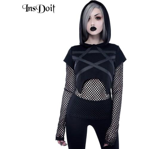 InsDoit Gothic Clothes Mesh Patchwork Black Hoodies Women Punk Grunge Bandage Autumn Sexy Hooded Long Sleeve Fashion Streetwear