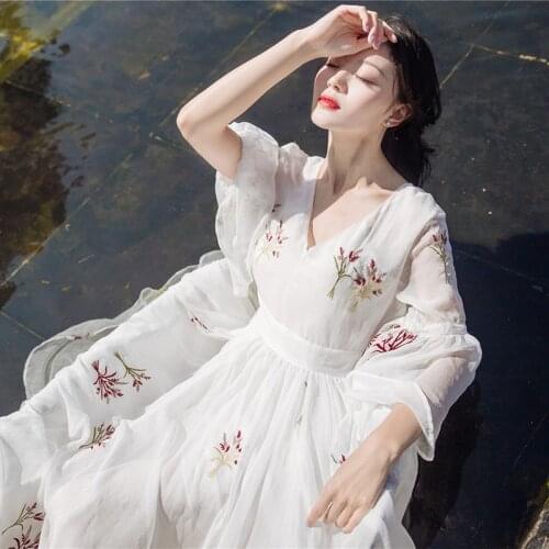 High Quality 2017 New Summer Female Embroidery Chiffon Long Maxi Beach Dress Womens Slim Elegant Flare Sleeve White Dresses
