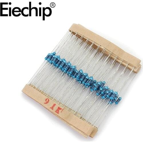 100pcs/lot 1/4W 1% Metal film resistor 0.25W resistance 91K ohm Throught Hole