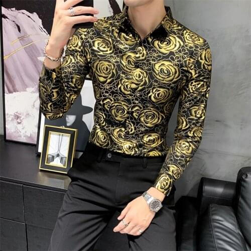 2021 High Quality Men Shirt Long Sleeve Solid Formal Business Shirt Slim Fit Brand Man Rose printed Dress Shirts Social Tops 3XL