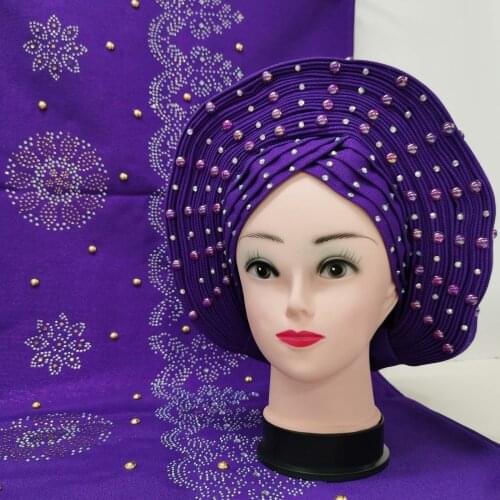 African Gele Headtie Aso Oke Latest Gele Wrapper Set With Shawl Stoned Nigerian Gele Aso Oke Head tie for Party 2021 Newest