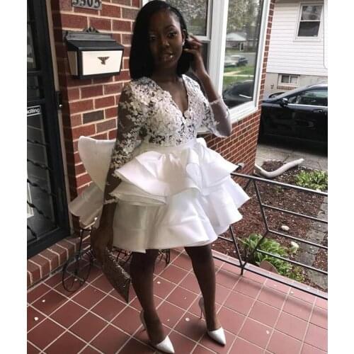 White Short Prom Dress 2020 African Black Girl Sexy Lace Top Handmade Flowers V-neck Long Sleeve Mini Prom Dress