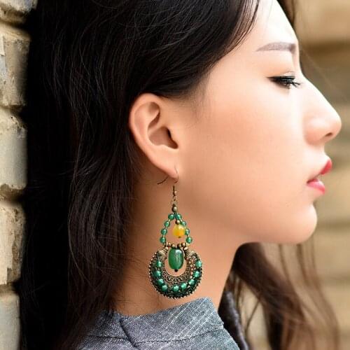 FREE SHIPPING Unique Gorgeous Natural Green Beads Hollow Carved Bronze Earrings Quality Original Handmade Ethnic Jewelry