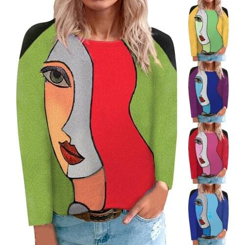 Face Print Shirts Blouse Women Loose O-neck Long Sleeve Pullover Splicing Tops Streetwear Korean Fashion Blouses Blusas Блузки