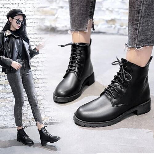 Fad New Warm Plush Winter Boots Solid Black Leather Boots Lace Up Women Boots Plus Size Square Low Heels Shoes Woman Boots