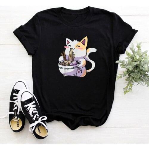 Cat Is Eating Noodles T Shirt Women Stranger Things Cotton Tshirt Women Kawaii Clothes Harajuku Femme T-shirts Korean Style