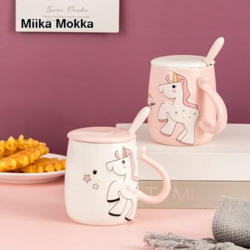 Cartoon Unicorn Coffee Mug with Lid Spoon Cute Relief Ceramic Mug Heat Resistant Milk Mug Water Cup Home Office Drinkware Gifts