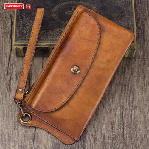 Retro Leather Mens Wallet Card Holder Long Wallets Men Zipper Purse First Layer Cowhide Thin Section Simple Tide 3 fold Male