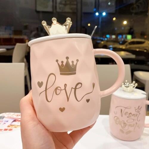 Creative pink crown personality ceramic mug cute girl coffee cup couple water cup office home tea cup holiday gift for girlfrien