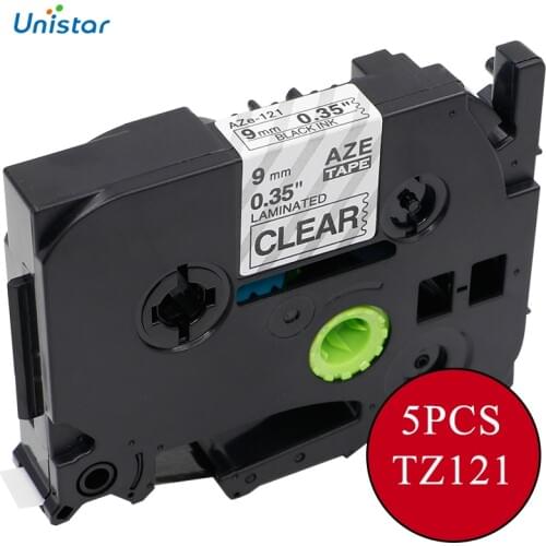 Unistar 5pcs Compatible for Brother Label Maker Label Tape 9mm Black on Clear Label Printer Ribbons Tze121 Tz121 Label Maker