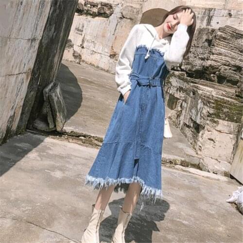 Fashion WomenS Dress 2020 Autumn New Korean Style Temperament Sashes Sweet Hoodie Patchwork Long Denim Dress Vestidos AA5537