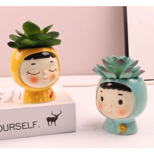 Cartoon Doll Painted Flower Pot Ceramic Art Vase Planter Desktop Ornaments Home Decor Garden Pot Succulent Pot Plant Pot Decor