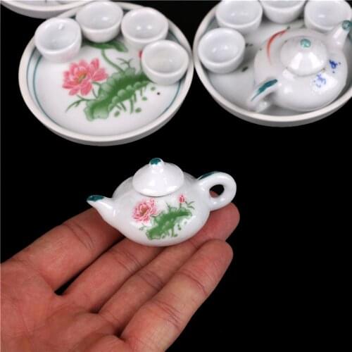 6pcs Tea pot Tea cups Round dishes Miniature Dollhouse dinnerware porcelain tea set tableware Cup plate Colorful floral print
