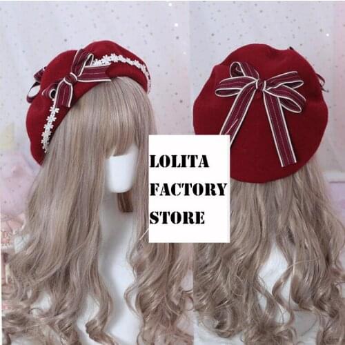 Christmas party gift Japanese hand-made original wavy bow hairball Beret cake hat LOLITA hand-made bud cap lace headwear