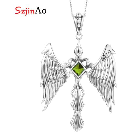 SzjinAo Luxury Elegant Angel Solid 925 Sterling Silver Peridot Pendant August Birthstone Fine Brand Jewelry Women Accessories