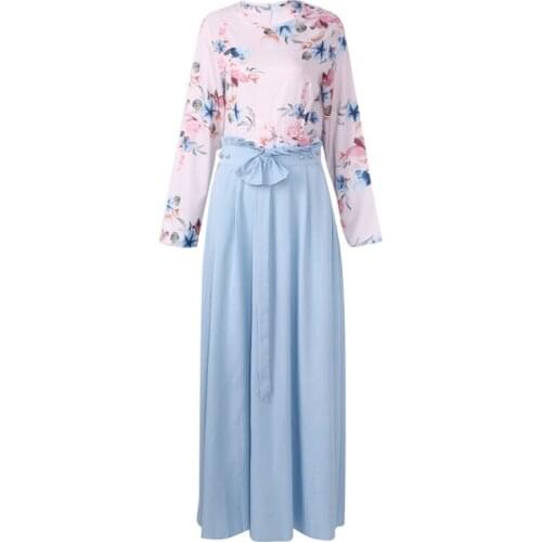 Women Ramadan Eid Abaya Floral Contrast Color Maxi Dress Muslim Islamic Robe