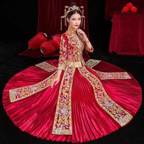 High Quality Embroidery Cheongsam Qipao 2020 Traditional Chinese Wedding Dress Retro Bride Dressing Gown