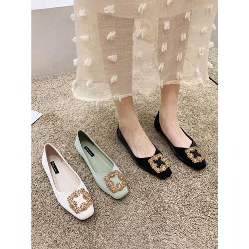 Womens shoes spring 2021 new square-toe shallow flashing diamond low-heel soft shoes