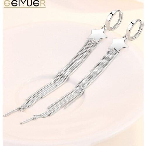 925 Sterling Silver Star Tassel Earrings for Women Long Trendy Drop Ear Studs Pendant Ear Jewelry Bridal Accessories Girl Gift