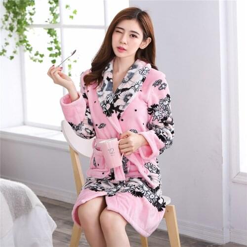 Floral Women Bath Robe Flannel Sleepwear Kimono Gown Thick Warm Bathrobe Nightwear Home Clothing Coral Fleece Bath Robe