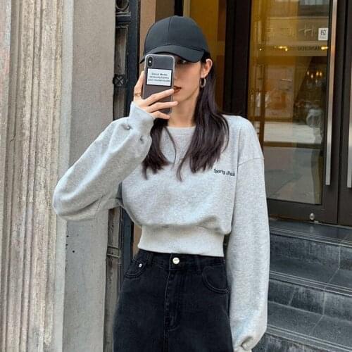2021 Fall Korean Sweatshirt Long Sleeve Women Crop Tops High Street Black Gray Cotton O-neck Pullovers Casual Hoodies Plus Size
