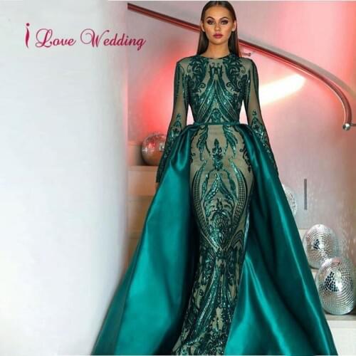 Gorgeous Evening Dresses Long Custom made O-neck Long Sleeves Sequins Mermaid Gown Green Muslim Mermaid Evening Dresses