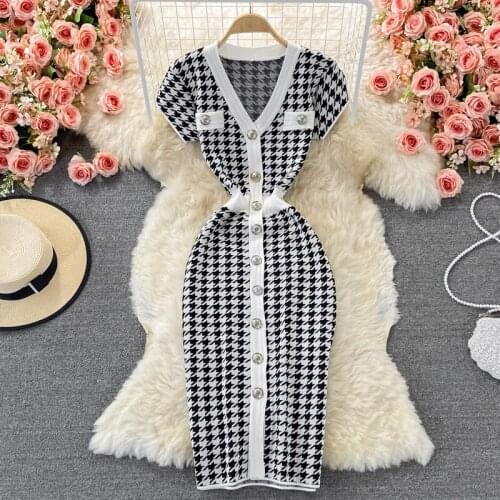 Summer Elegant Houndstooth Knitted Midi Dress Women Sexy V-neck Single-breasted Bodycon Dresses Woman Office Dress Vestidos