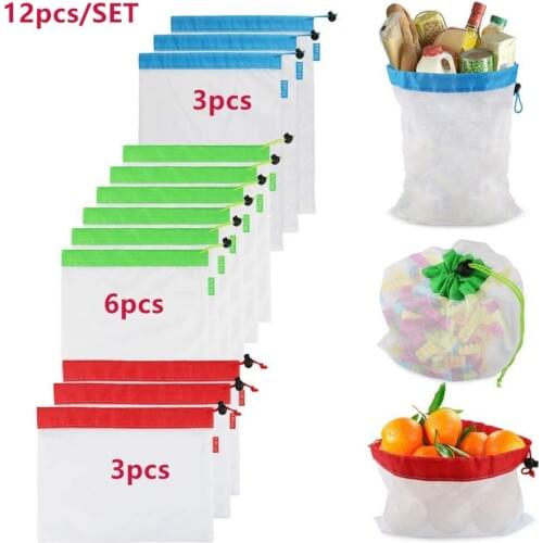 12pcs Reusable Mesh Produce Bag Polyester bag Fruit and Vegetable bag Shopping Bag Washable Durable Grocery Tote Carry Pouch Bag