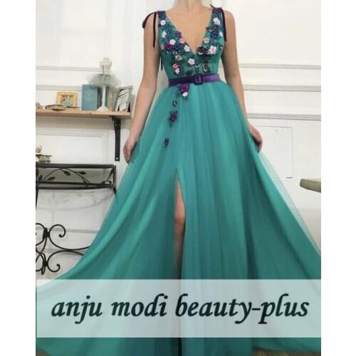 2021 Embroidery V Neck Prom Dresses Sleeveless High Split Side Tulle Formal Evening Party Ball Gown Robe De Soiree