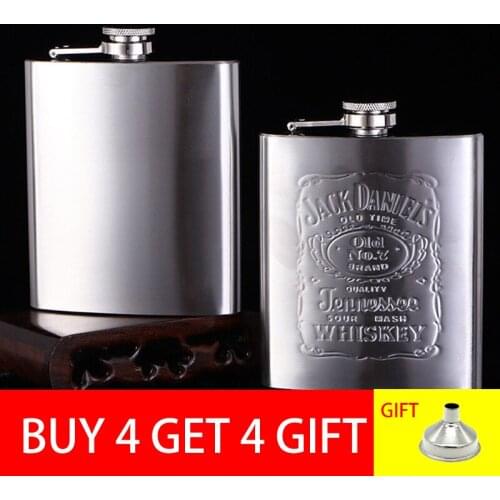 4Pcs/lot Portable Whisky Bottle Stainless Steel Wine Hip Flask Travel Alcohol Silver Pot Drinkware Outdoor Pocket Container 7 Oz