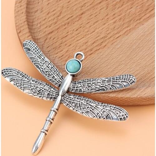 5pcs/Lot Silver Color Large Dragonfly with Blue Bead Charms Pendants for Necklace Jewelry Making Accessories