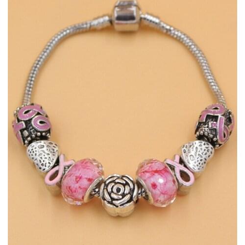 6PCS New Arrival Breast Cancer Awareness Jewelry European Bead Style Pink Ribbon Breast Cancer Bracelets for Breast Cancer Month